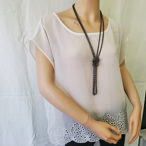 Sheer White Top with Embroidered Hem - Picture 2 of 15